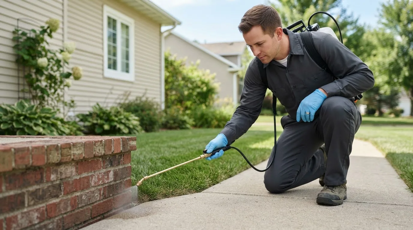Pest control technician treating a home near Brookton, ME